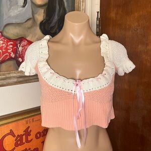 Pink White Puff Sleeve Ribbon Tie  Coquette Crocheted Crop Top L